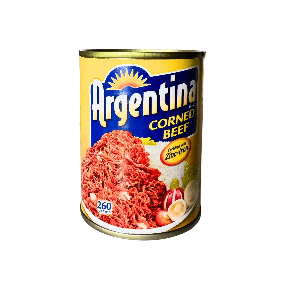 A can of Argentina corned beef 260g featuring a red and white label with a bull graphic and nutritional information.