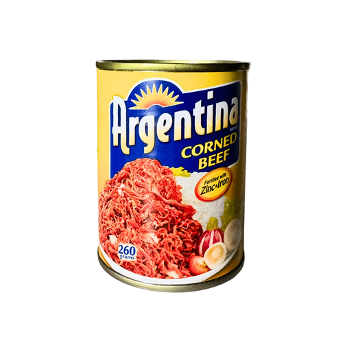 A can of Argentina corned beef 260g featuring a red and white label with a bull graphic and nutritional information.