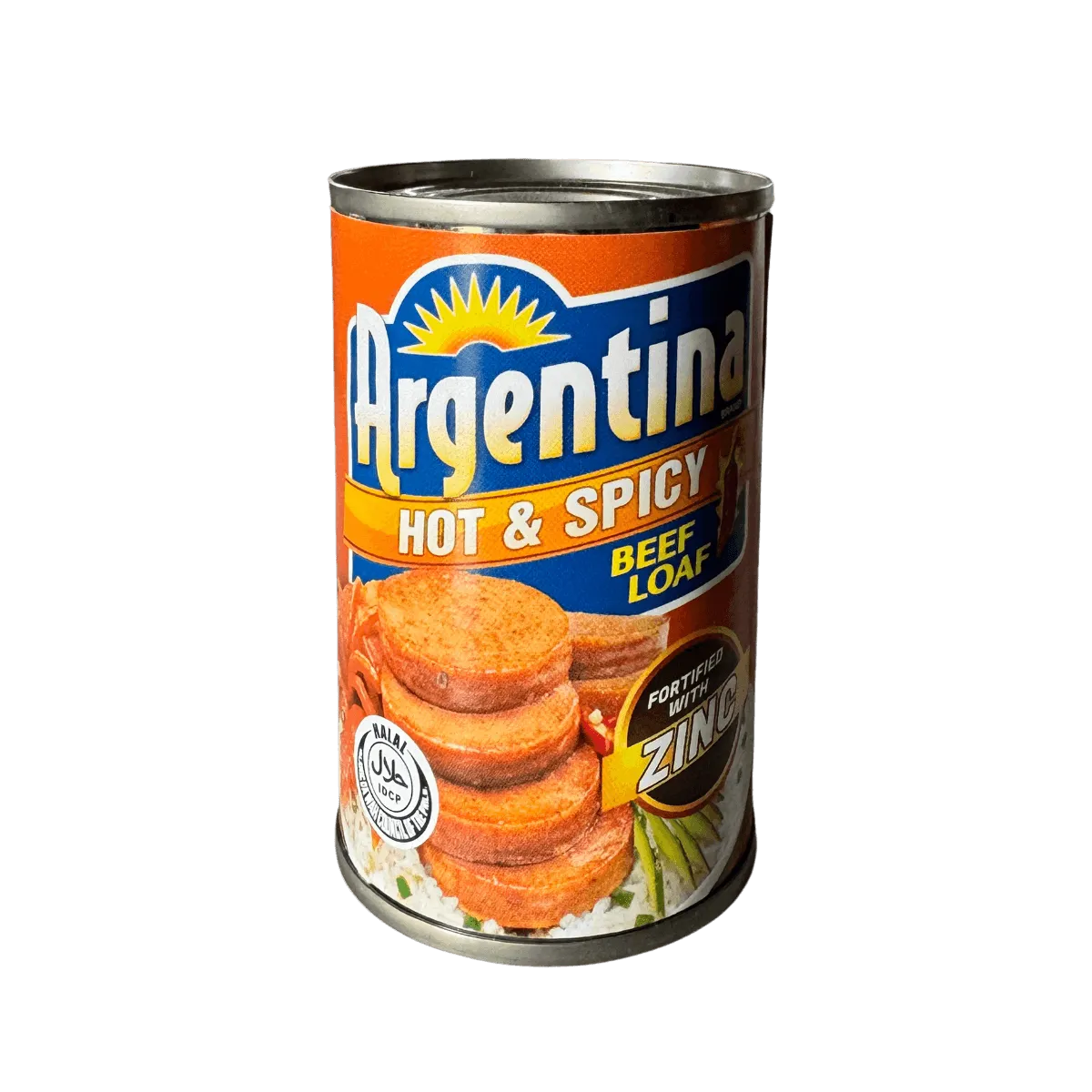 Canned meat labeled "Argentina Hot & Spicy," featuring vibrant packaging with bold colors and a spicy pepper graphic.