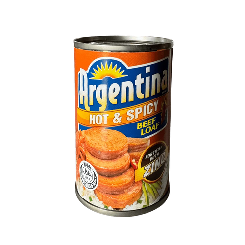 Canned meat labeled "Argentina Hot & Spicy," featuring vibrant packaging with bold colors and a spicy pepper graphic.