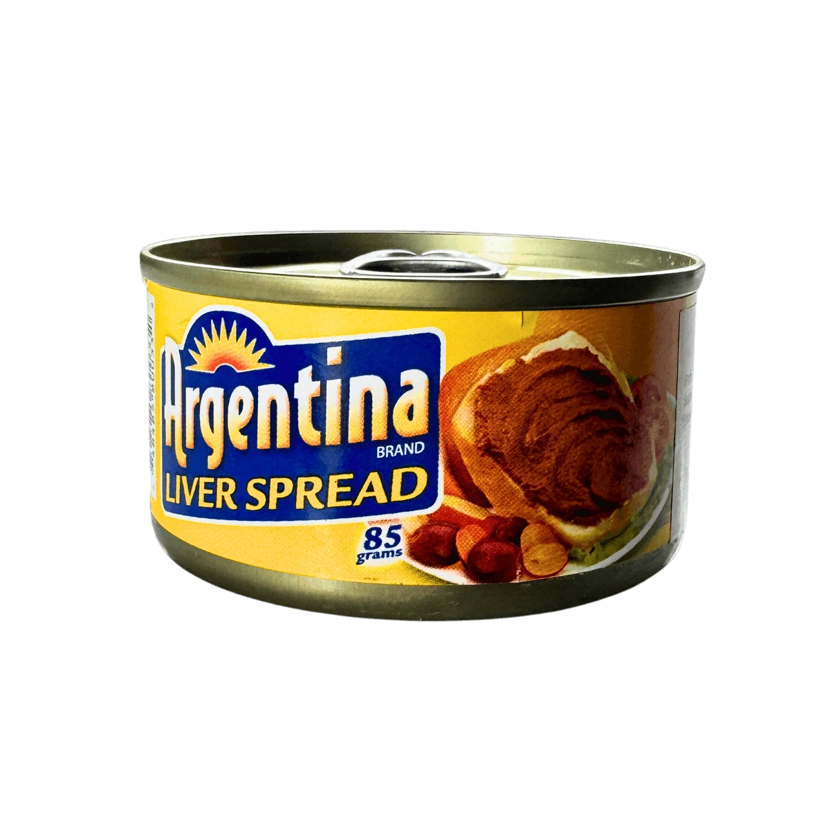 A can of Argentina liver spread, featuring vibrant packaging and a label showcasing its ingredients and flavor profile.