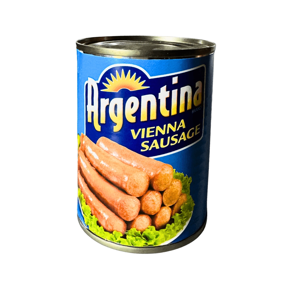 A can of Argentina Vienna sausage featuring a colorful label and a pull-tab lid, showcasing the product inside.