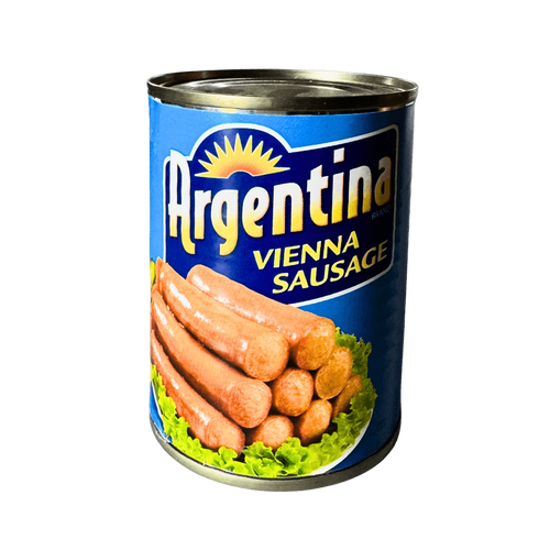 A can of Argentina Vienna sausage featuring a colorful label and a pull-tab lid, showcasing the product inside.