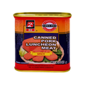 Canned pork luncheon meat in a sauce, displayed on a wooden surface with a fork beside it.