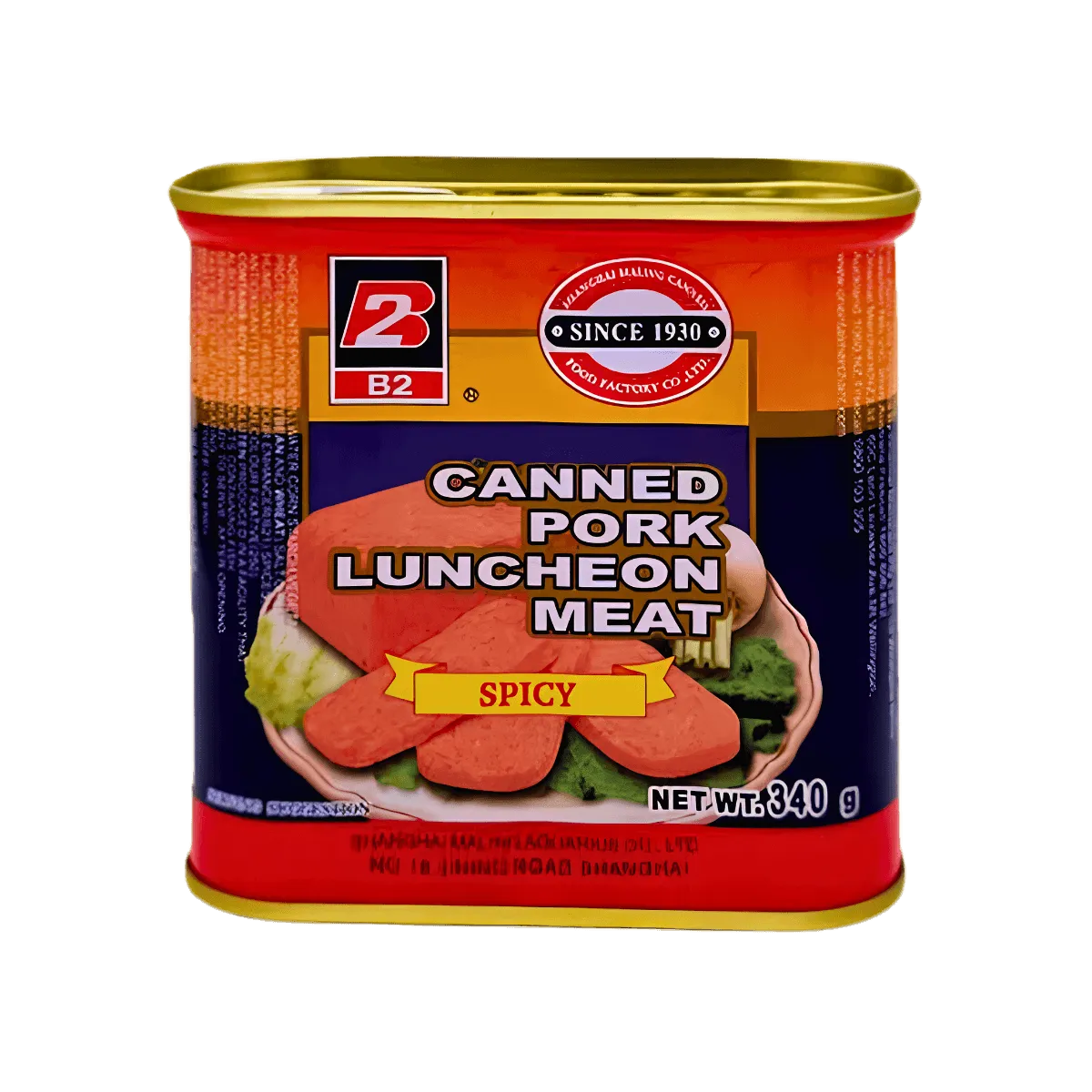 Canned pork luncheon meat in a sauce, displayed on a wooden surface with a fork beside it.