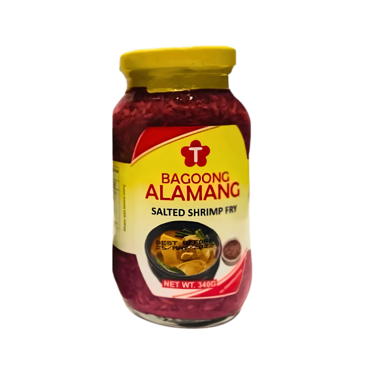 A jar of bagoong alamang, a salted shrimp paste, showcasing its rich brown color and label detailing ingredients.