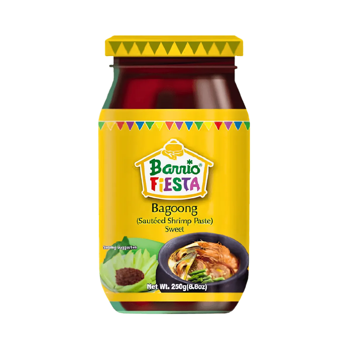A bottle of Barrio Fiesta sauteed shrimp paste with a vibrant label showcasing its brand and flavor profile.