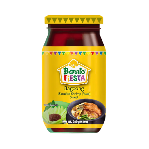 A bottle of Barrio Fiesta sauteed shrimp paste with a vibrant label showcasing its brand and flavor profile.