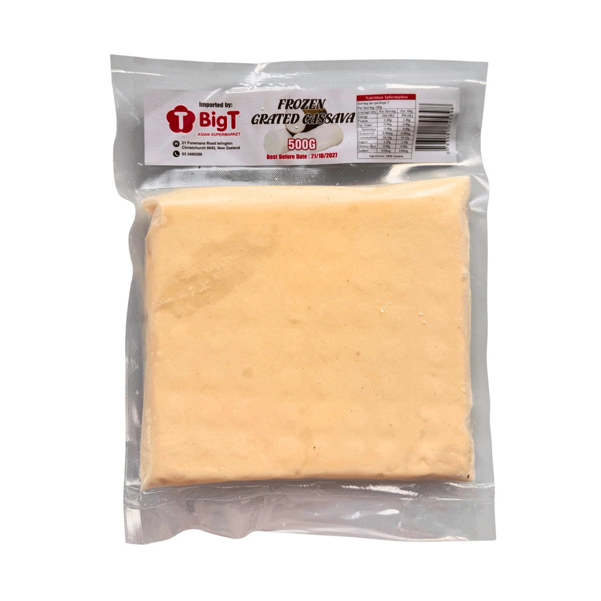 A block of grated cassava placed inside a clear bag, set against a black background.