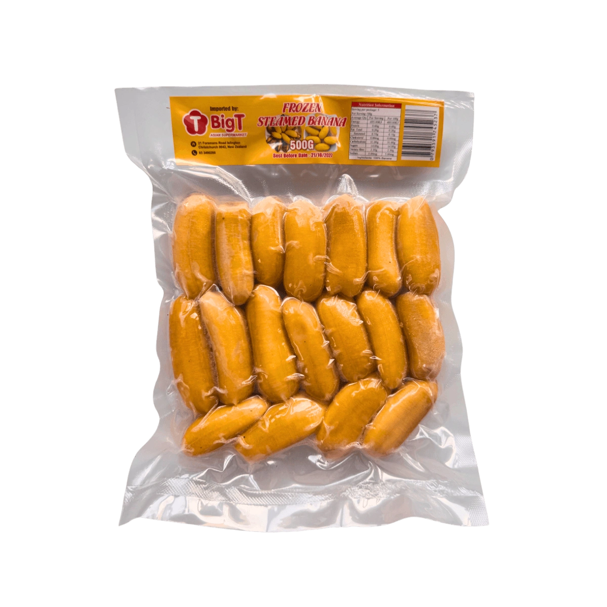 A bag of bananas wrapped in clear plastic, showcasing the product's branding and nutritional information.