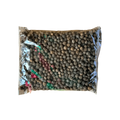 A bag of black pepper displayed against a solid black background, emphasizing its texture and packaging design.