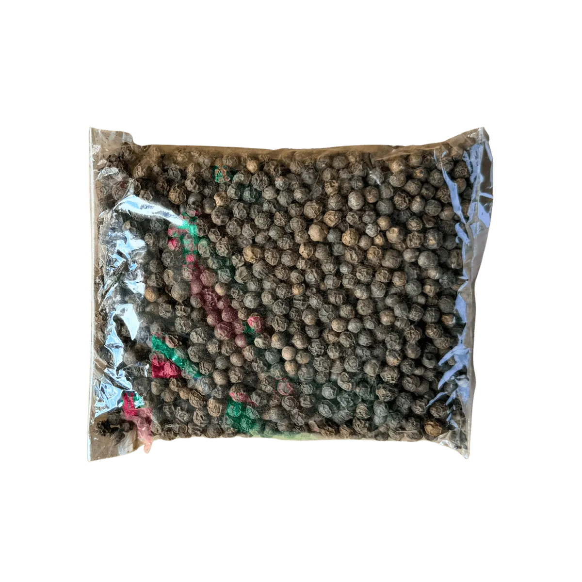 A bag of black pepper displayed against a solid black background, emphasizing its texture and packaging design.