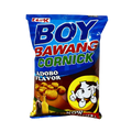 A package of Boy Bawang cornflakes featuring a bright yellow design and a cartoon character on the front.