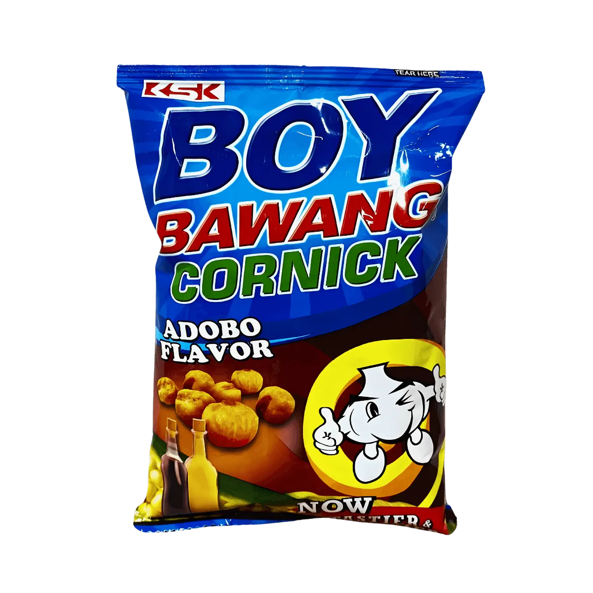 A package of Boy Bawang cornflakes featuring a bright yellow design and a cartoon character on the front.