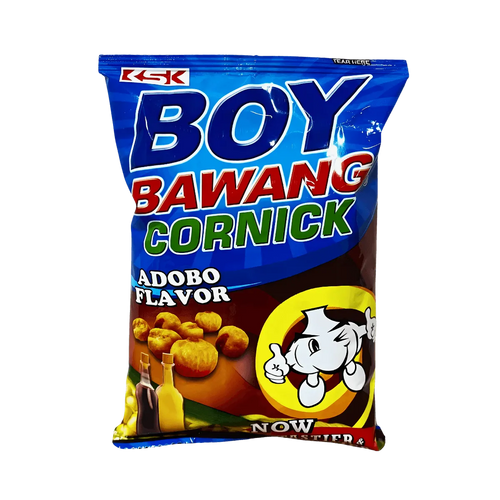 A package of Boy Bawang cornflakes featuring a bright yellow design and a cartoon character on the front.