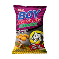 A bag of Boy Bawang corn chips featuring a bright yellow design and a cartoon character on the front
