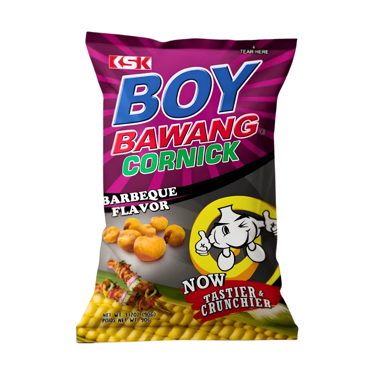 A bag of Boy Bawang corn chips featuring a bright yellow design and a cartoon character on the front