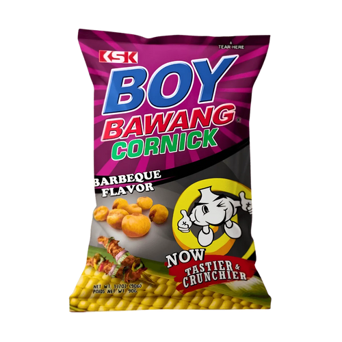 A bag of Boy Bawang corn chips featuring a bright yellow design and a cartoon character on the front