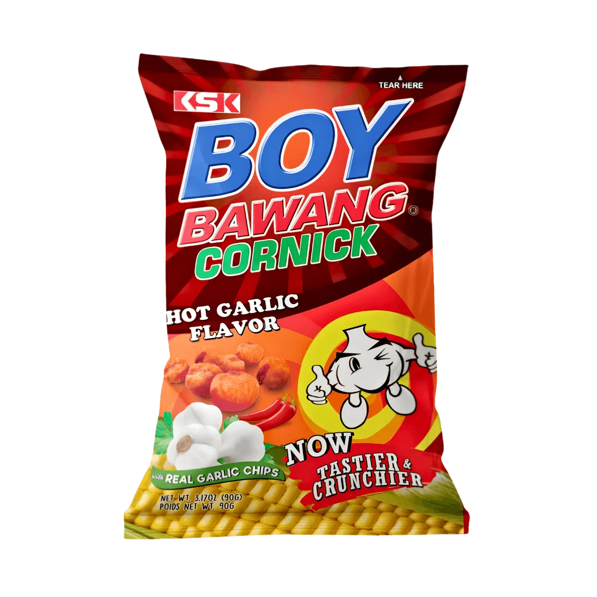 Boy Bawang corn chips package showcasing a vibrant yellow color and a playful mascot illustration.