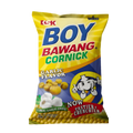 A bag of Boy Bawang corn-flavored snacks featuring a cartoon boy and vibrant packaging design.