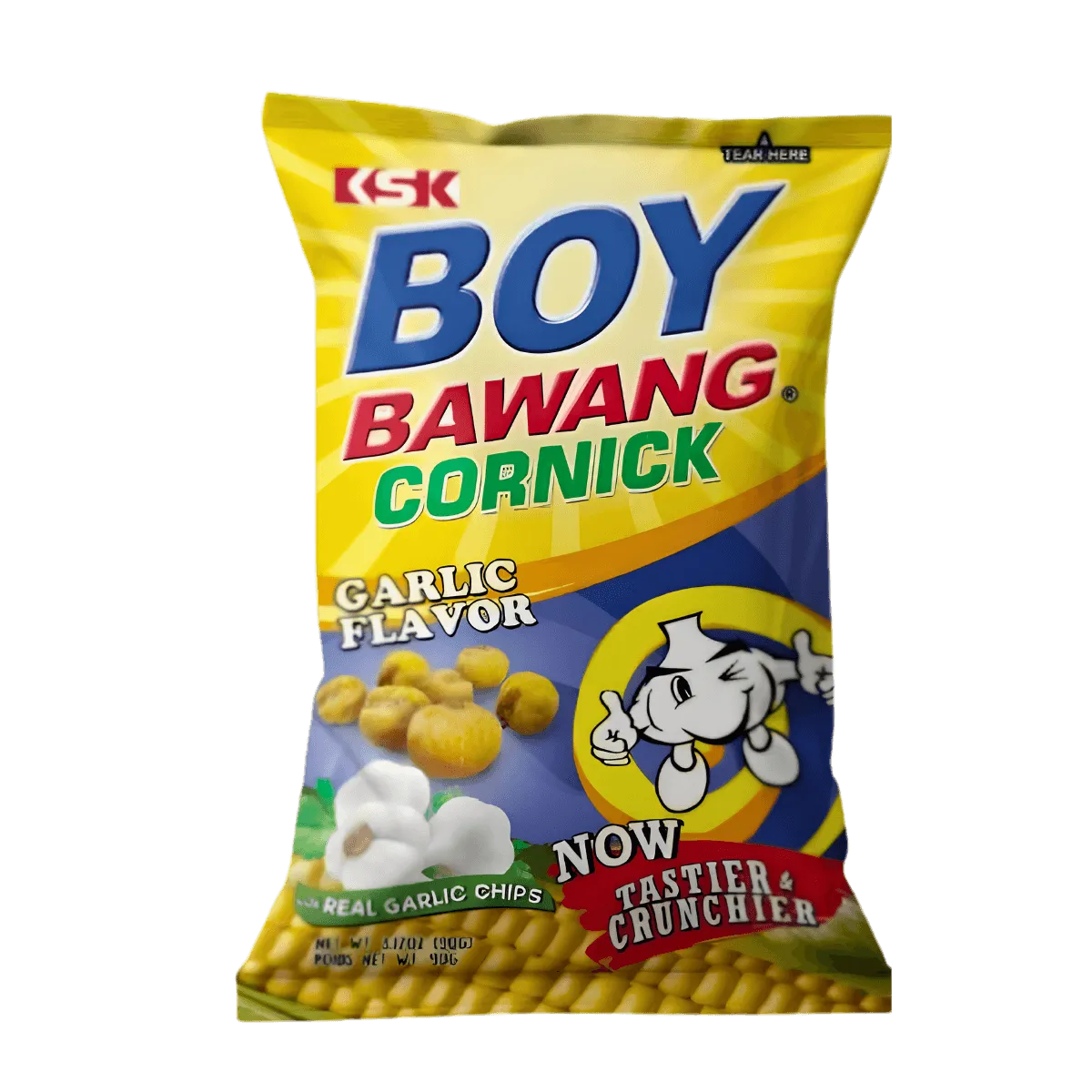 A bag of Boy Bawang corn-flavored snacks featuring a cartoon boy and vibrant packaging design.