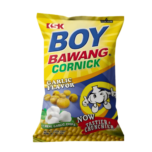 A bag of Boy Bawang corn-flavored snacks featuring a cartoon boy and vibrant packaging design.