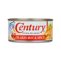 A can of Century Tuna Flakes in Hot & Spicy flavor, featuring a vibrant label with a red and yellow design.