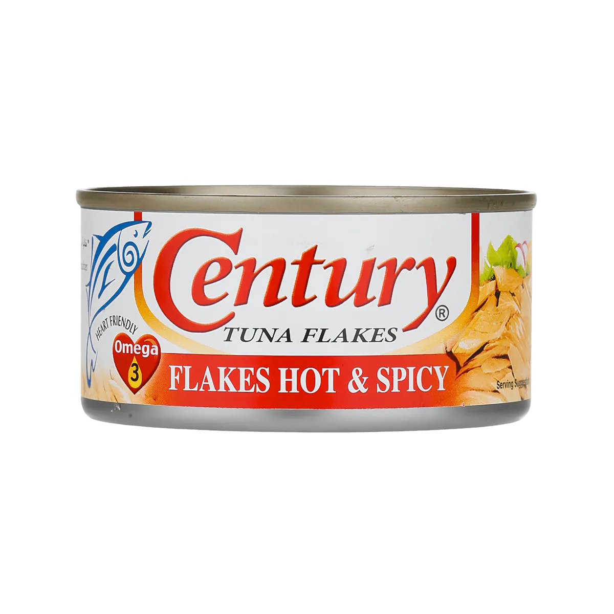 A can of Century Tuna Flakes in Hot & Spicy flavor, featuring a vibrant label with a red and yellow design.