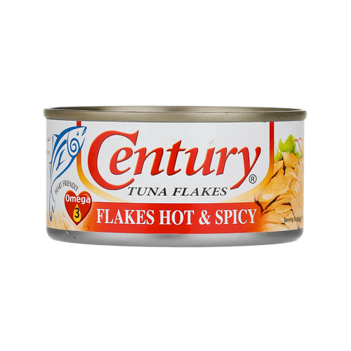 A can of Century Tuna Flakes in Hot & Spicy flavor, featuring a vibrant label with a red and yellow design.