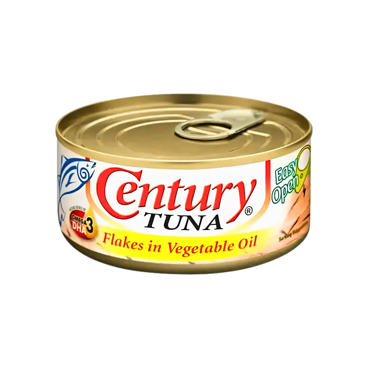 A can of Century tuna fish in vegetable oil, showcasing the brand label and contents inside the transparent packaging.