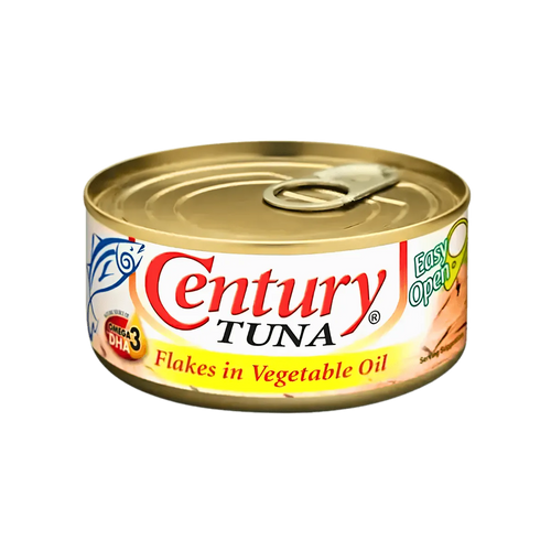 A can of Century tuna fish in vegetable oil, showcasing the brand label and contents inside the transparent packaging.