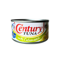 A close-up of century tuna can with calamansi, presented on a white plate with fresh herbs and lemon.