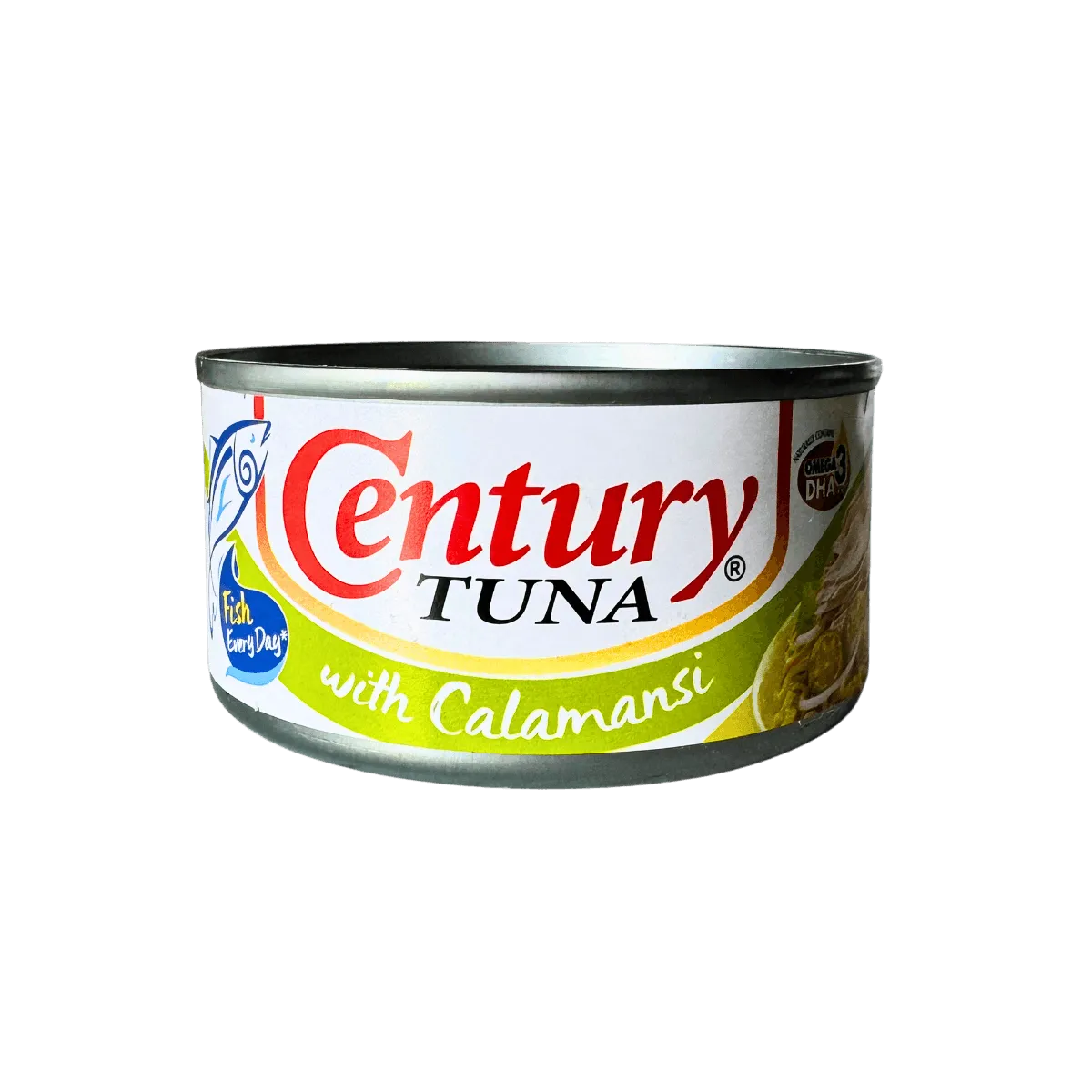 A close-up of century tuna can with calamansi, presented on a white plate with fresh herbs and lemon.
