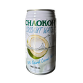 A can of Chaokoh coconut water featuring a green design and a coconut graphic on the label.