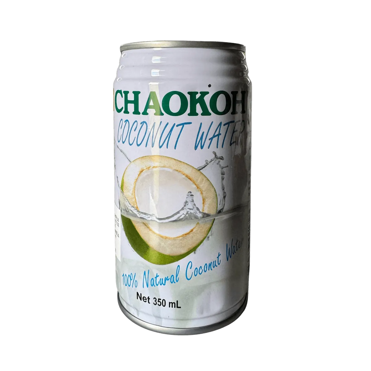A can of Chaokoh coconut water featuring a green design and a coconut graphic on the label.
