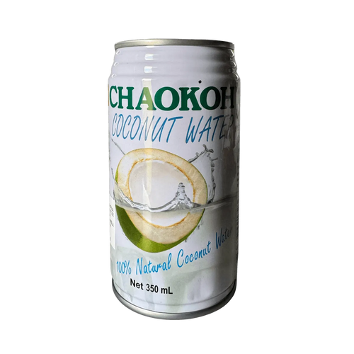 A can of Chaokoh coconut water featuring a green design and a coconut graphic on the label.