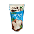 Coco Mama fresh gata coconut milk carton displayed with a tropical theme, emphasizing freshness and quality.