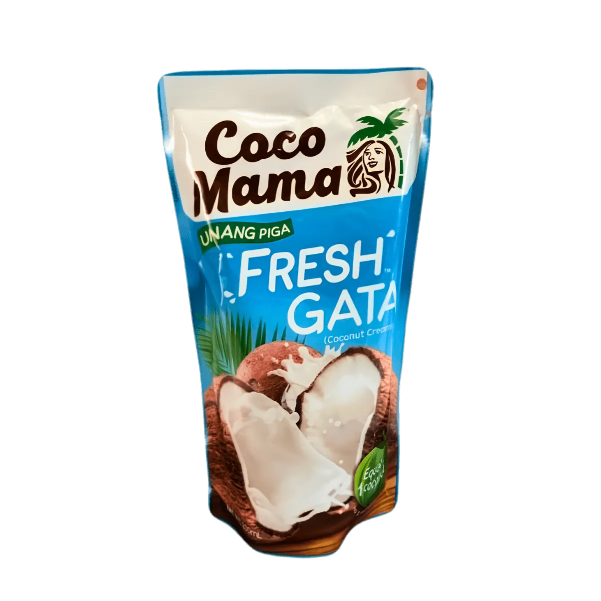 Coco Mama fresh gata coconut milk carton displayed with a tropical theme, emphasizing freshness and quality.