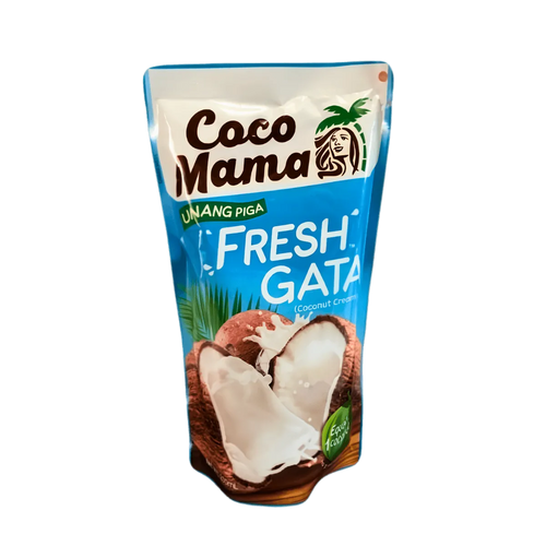 Coco Mama fresh gata coconut milk carton displayed with a tropical theme, emphasizing freshness and quality.
