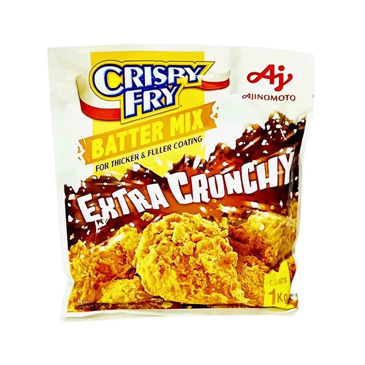 A bag of crispy fry batter mix, showcasing its vibrant packaging and appealing contents.