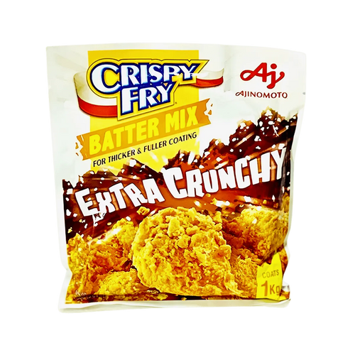 A bag of crispy fry batter mix, showcasing its vibrant packaging and appealing contents.