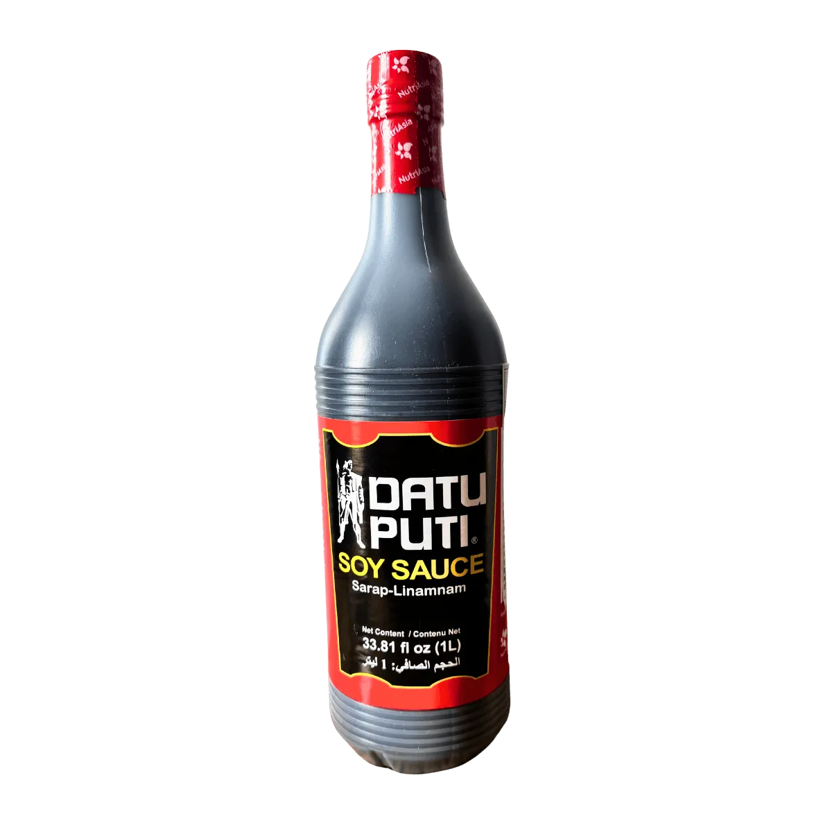 A bottle of soy sauce labeled "Datu Puti," showcasing its distinctive branding and design.