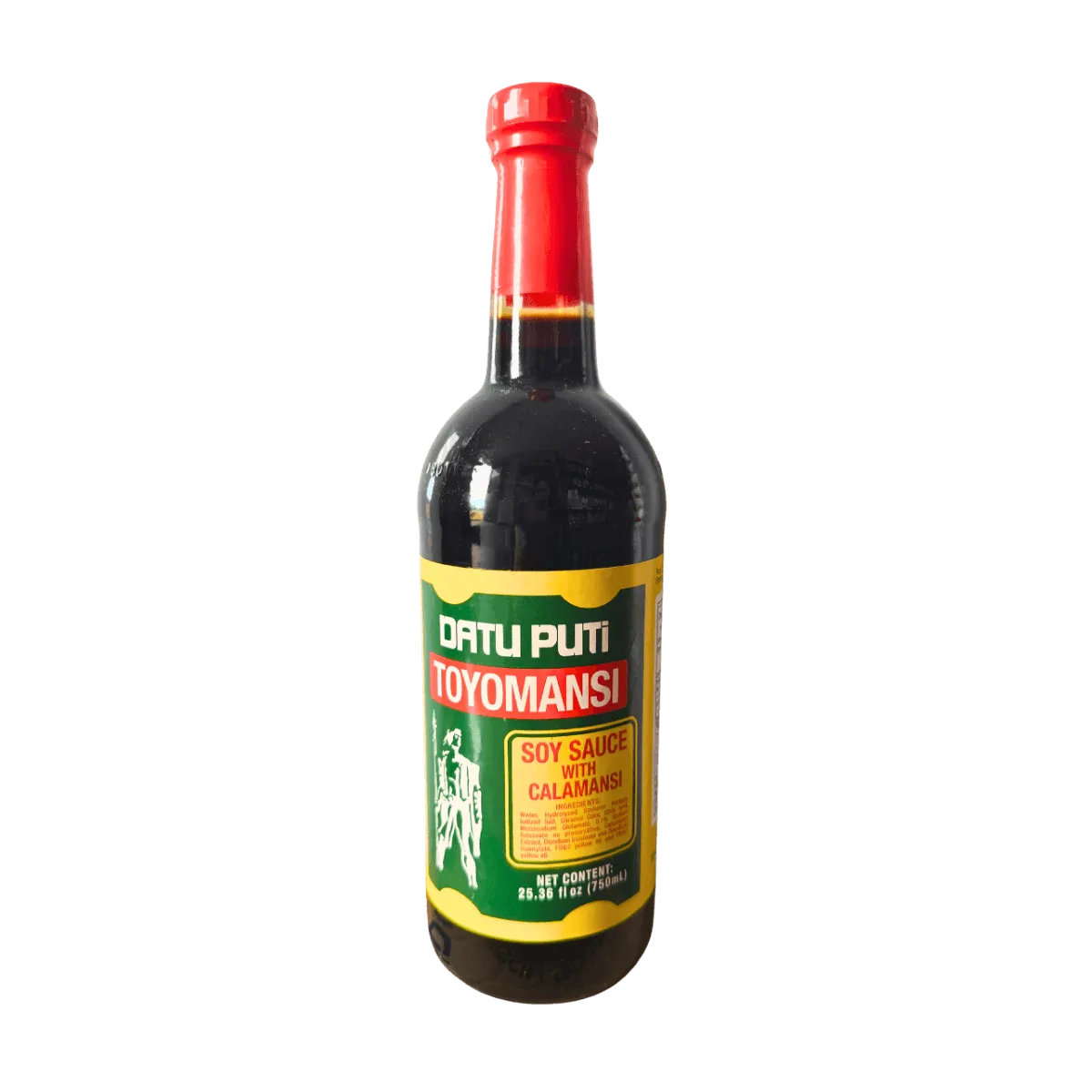 A bottle of sauce "Datu Puti Toyomansi"featuring a vibrant red label, prominently displayed against a neutral background.
