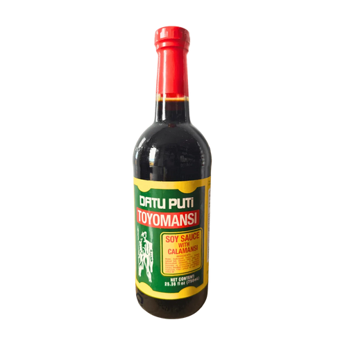 A bottle of sauce "Datu Puti Toyomansi"featuring a vibrant red label, prominently displayed against a neutral background.