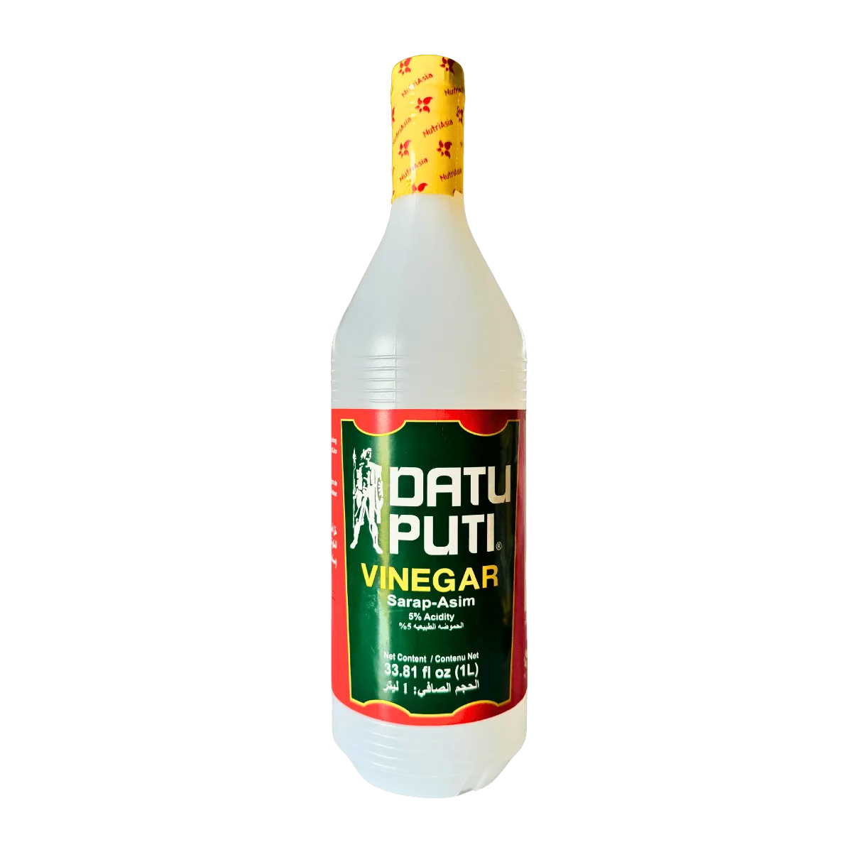 A Datu Puti Vinegar Sarap-Asim 1L bottle with a green and red label, featuring 5% acidity and yellow cap packaging.