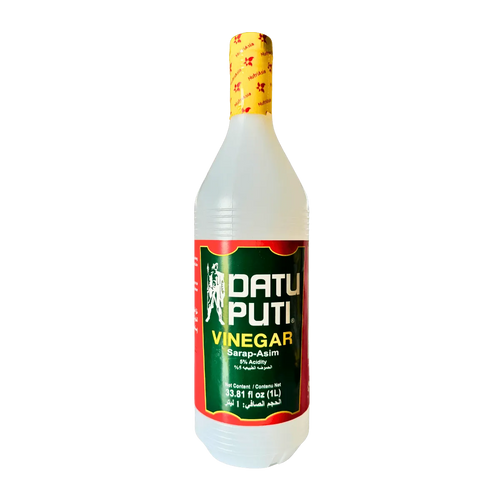 A Datu Puti Vinegar Sarap-Asim 1L bottle with a green and red label, featuring 5% acidity and yellow cap packaging.