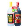 Two bottles of vinegar and soy sauce displayed together, each with a visible price tag attached.