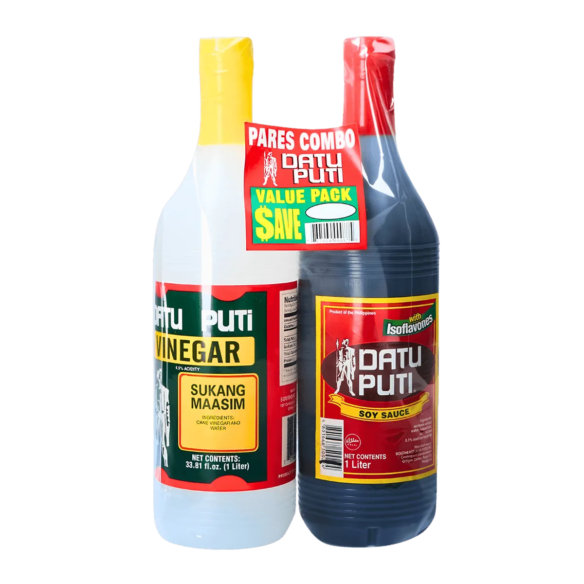 Two bottles of vinegar and soy sauce displayed together, each with a visible price tag attached.