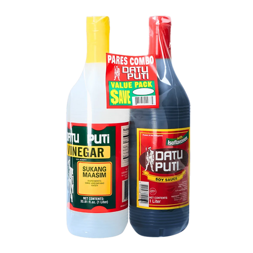 Two bottles of vinegar and soy sauce displayed together, each with a visible price tag attached.