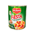 A colorful can of fiesta fruit cocktail featuring a mix of tropical fruits like pineapple, peaches, and cherries.